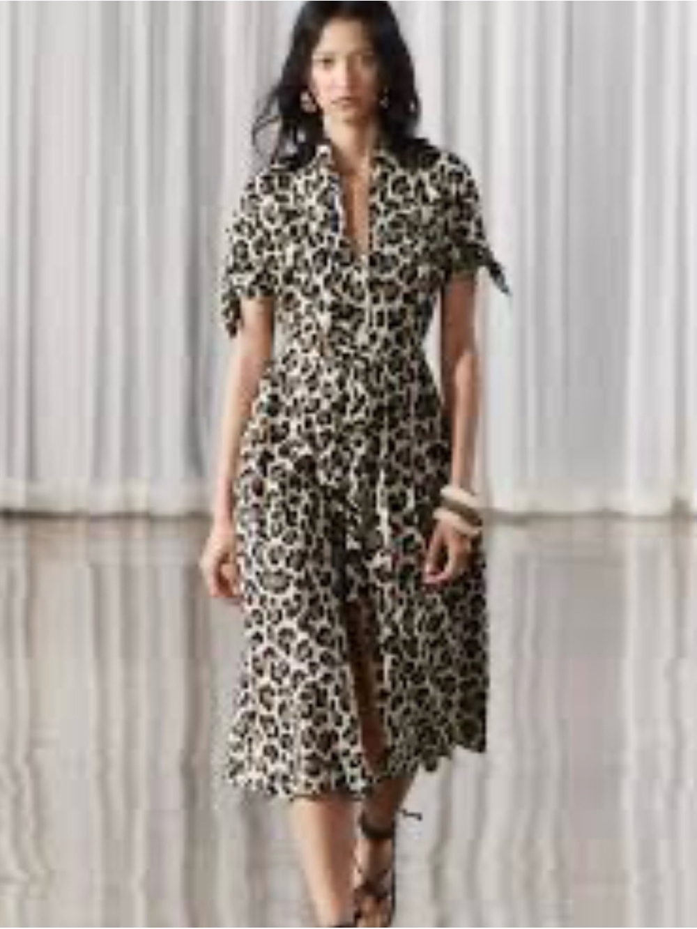Leopard Print Short-Sleeve Midi Shirt Dress sz L - Beige/Black